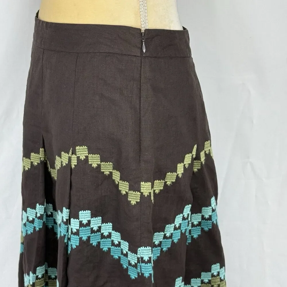 Ann Taylor LOFT Women Brown Linen Pleat Skirt Embroidered Pattern Size 2P Linen